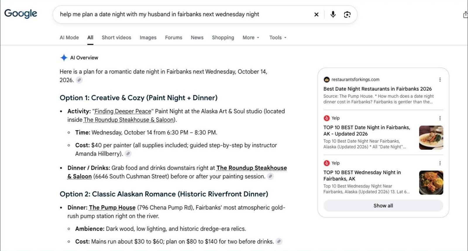 Google AI Overview suggesting date-night plans in Fairbanks, with source links on the right