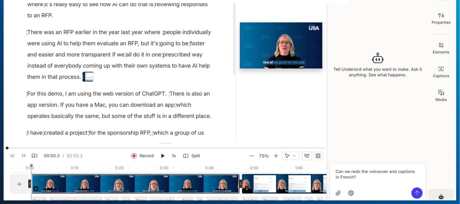 Descript editor with a video transcript and a request to redo the voiceover and captions in French