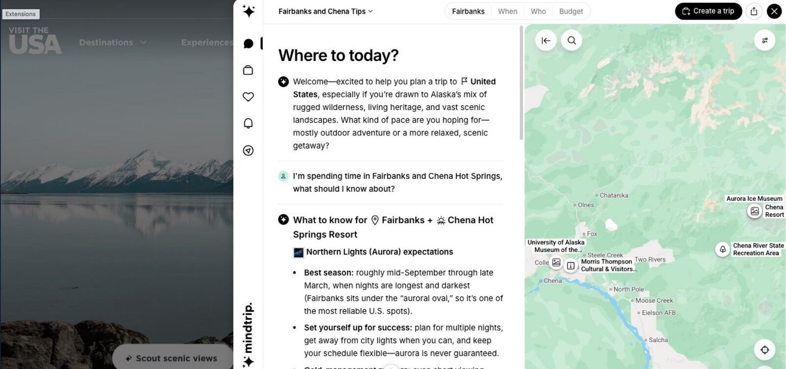 The Mindtrip AI trip planner on VisitTheUSA.com answering a question about Fairbanks and Chena Hot Springs